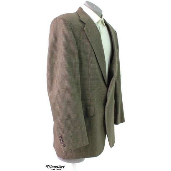 Haggar City Casual Mens Wool Blend Blazer Sport Coat Jacket Brown Glen Plaid 42L - Picture 1 of 7